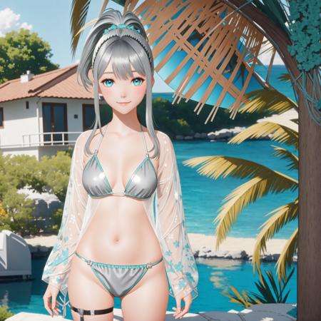 LumiN0va, 1girl, (silver hair, gray hair:1.3), solo, see-through, swimsuit, bikini, blue eyes, looking at viewer, thigh strap, ponytail, bangs, brown hair, breasts, blue background, smile, small breasts, standing, flower, aqua bikini, hair ornament, closed mouth, see-through dress BREAK river, gravel, grass, tree