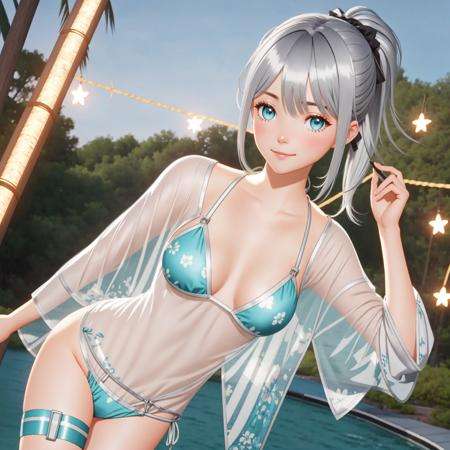 LumiN0va, 1girl, (silver hair, gray hair:1.3), solo, see-through, swimsuit, bikini, blue eyes, looking at viewer, thigh strap, ponytail, bangs, brown hair, breasts, blue background, smile, small breasts, standing, flower, aqua bikini, hair ornament, closed mouth, see-through dress BREAK river, gravel, grass, tree