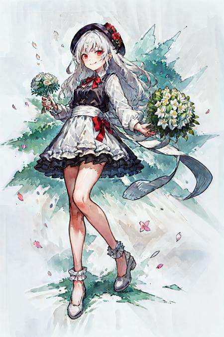 masterpiece, best quality, 1girl, solo, long_hair, looking_at_viewer, white hair, red eyes, smile, bangs, skirt, shirt, long_sleeves, hat, dress, bow, holding, closed_mouth, flower, frills, hair_flower, petals, bouquet, holding_flower, center_frills, bonnet, holding_bouquet, tachi-e, full body, white background, 