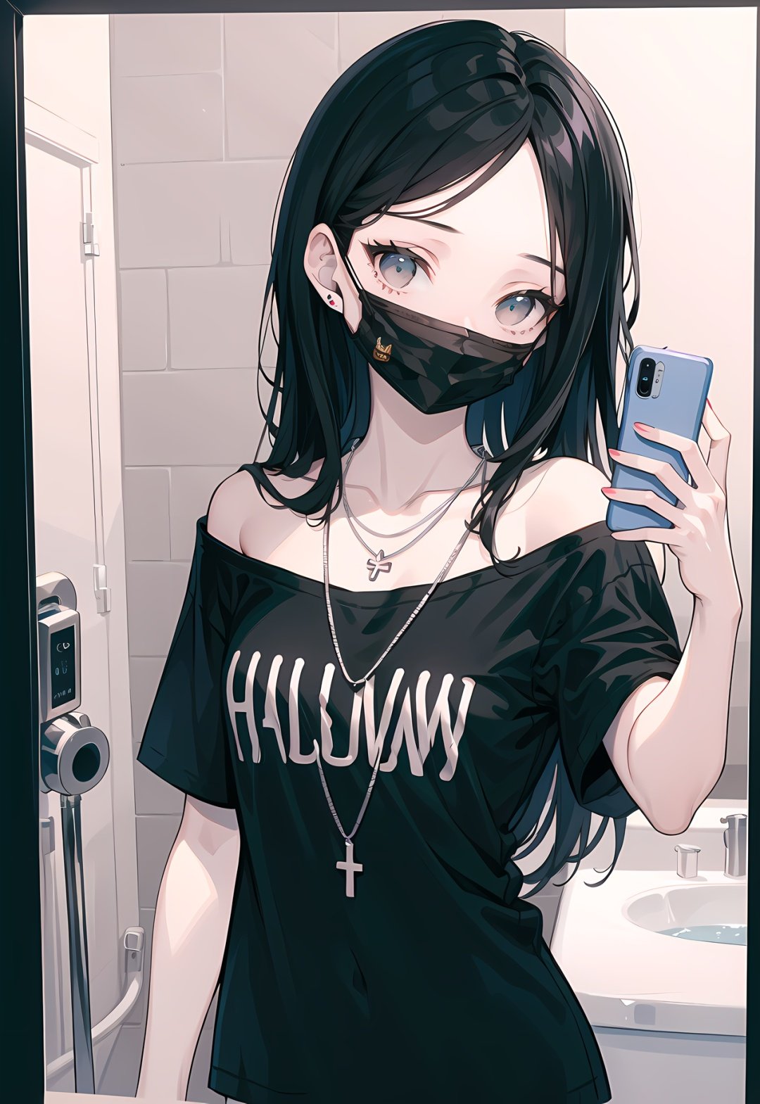 1 very long black hair (flat chest:1.1) girl wearing (black hallow out shirt:1.3) in bathroom (selfie:1.2), mouth mask, necklace, off-shoulder, masterpiece, (beautiful detailed face:1.3), (beautiful detailed background:1.3),