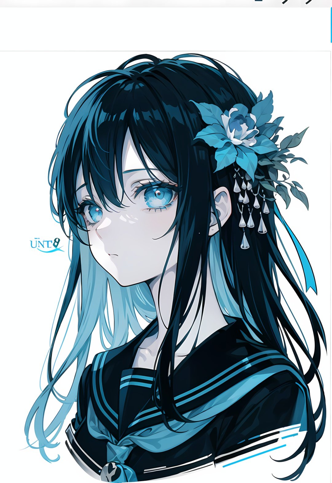 (official art,unity 8k wallpaper,ultra detailed,High quality,best quality), (zentangle, mandala, tangle, entangle:0.6),(blue black),flat color,limited palette,low contrast,(1girl:1.5),solo,serafuku,long straight black hair,lycoris flower,(goat skull:1.),(horror),(gloomy),(blue pigment:1.33),(hollow eyes:1.),(expressionless eyes:1.3),cowboy shot,