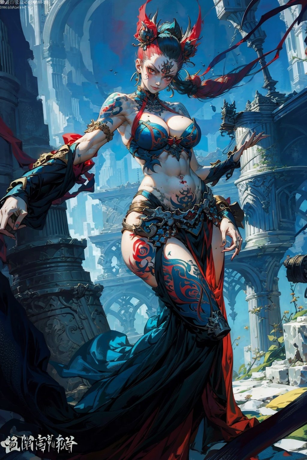 ((Best quality)), ((masterpiece)), ((highly intricate details)), 1girl,(tall,175cm),(muscular plump:1.2), (red eyes,detailed eyes),seductive expression,horny,evil smirk,(navel piercing),erotic pose,(red long dress), (tattoos:1.4), bimbo breasts, thicc, strong eyeliner, heavy make-up, (half_buzzcut,platinum hair),mall, clothing in background,(tone abs:0.8),zhongfenghua