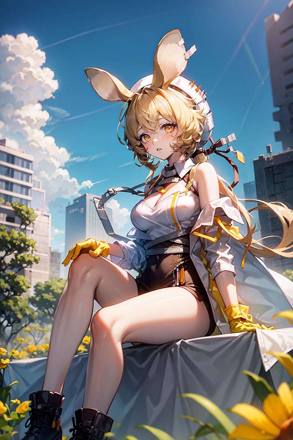 dorothy (arknights), 1girl, letterboxed, solo, sitting, flower, outdoors, shirt, yellow flower, white shirt, open clothes, hat, off shoulder, gloves, yellow gloves, dress, ruins, black footwear, jacket, looking at viewer, scenery, day, building, sky, black gloves, cloud  <lora:hooters_v1:1>, <lora:Dorothy:1>, <lora:AOMv2_hard_accent:0.5>, 