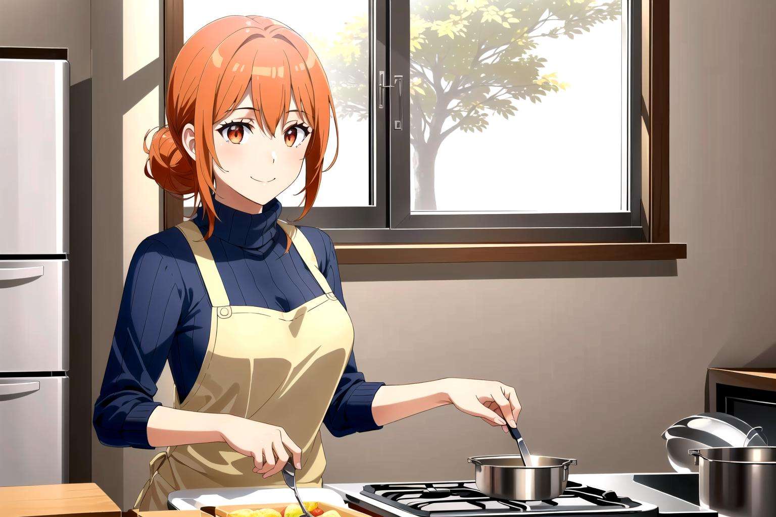 masterpiece, (best qulaity:1.3), 8K, wallpaper, depth of field, beautiful detailed eyes, (1girl, mrs yuigahama, orange hair, hair bun, turtleneck sweater, smile, medium breasts, upper body, (park, tree:1.2), window, indoors, (kitchen, cooking:1.2)) <lora:mrs_yuigahama_v1:0.8>