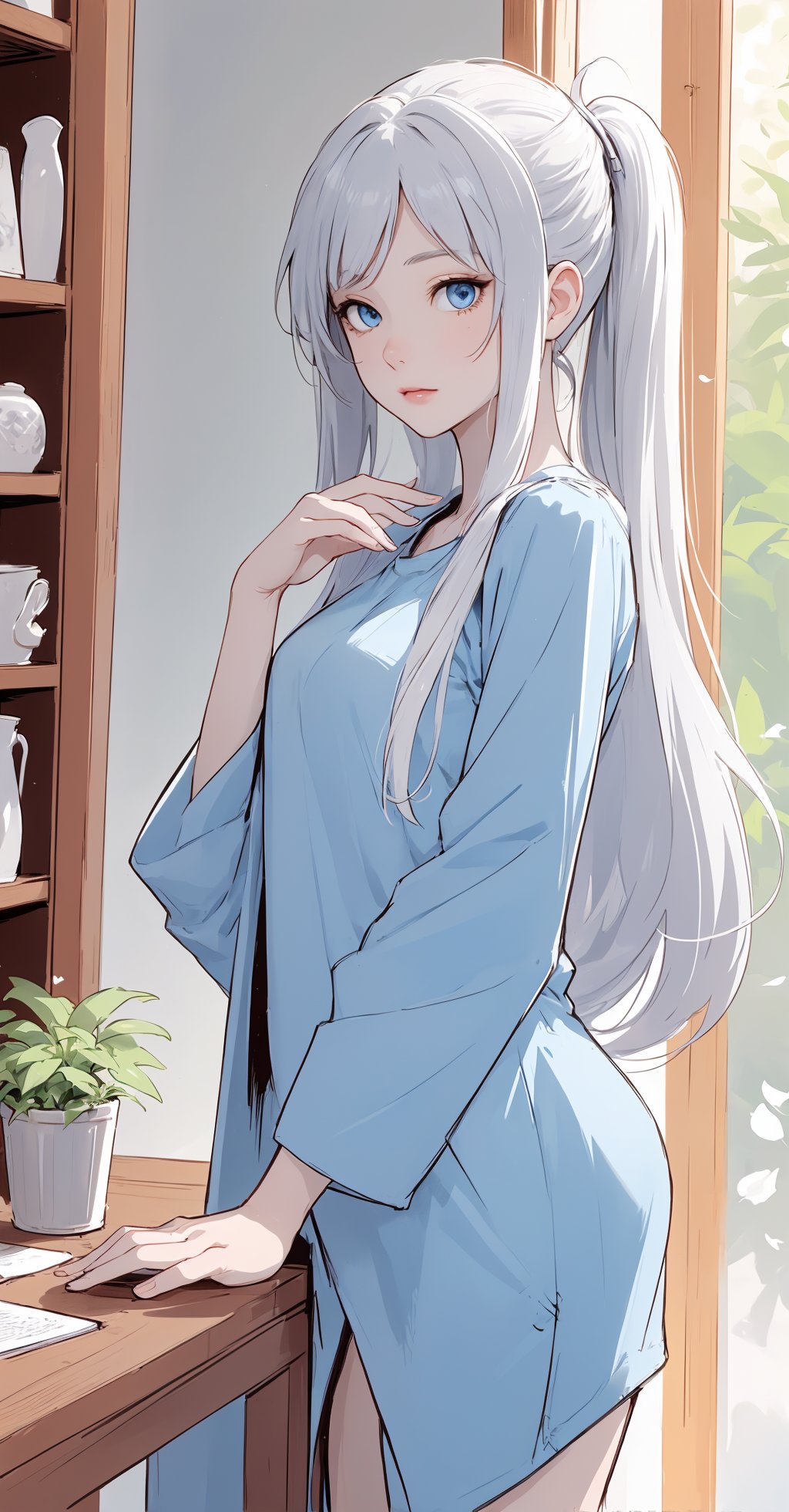  (monochrome:1.2), highly detailed, best quality, illustration, highres, extremely detailed wallpaper,sketch, flat color, anime screencap, , realistic, a beautiful girl, blue eyes, white hair, bangs, head gear, necklace, tattoo, off shoulder, jacket removed, planted_sword, coffee shop, indoors, windows, book stack,cups, pencil, mirror, plant, leaves, flowers, nature, wind, outdoors, reflection, depth of field, delicate foreground, extremely delicate background,