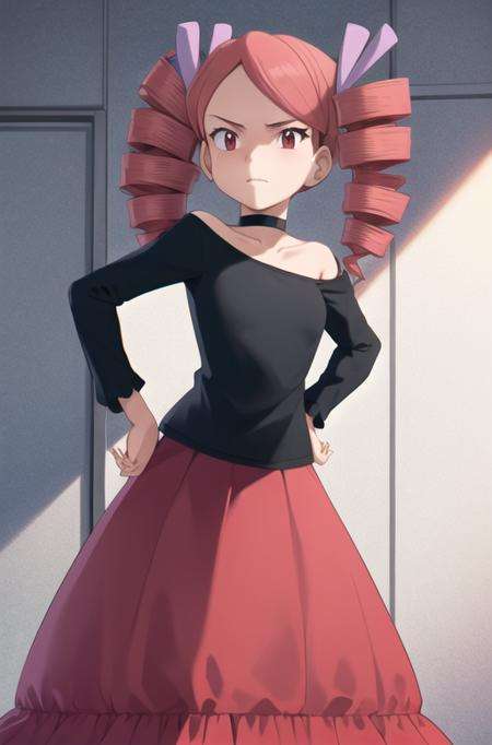 <lora:ursula:0.7> solo, 1girl, ursula_(pokemon)  skirt, shirt, dress, closed mouth, collarbone, frills, choker, hand on hip, black shirt, red skirt, black choker