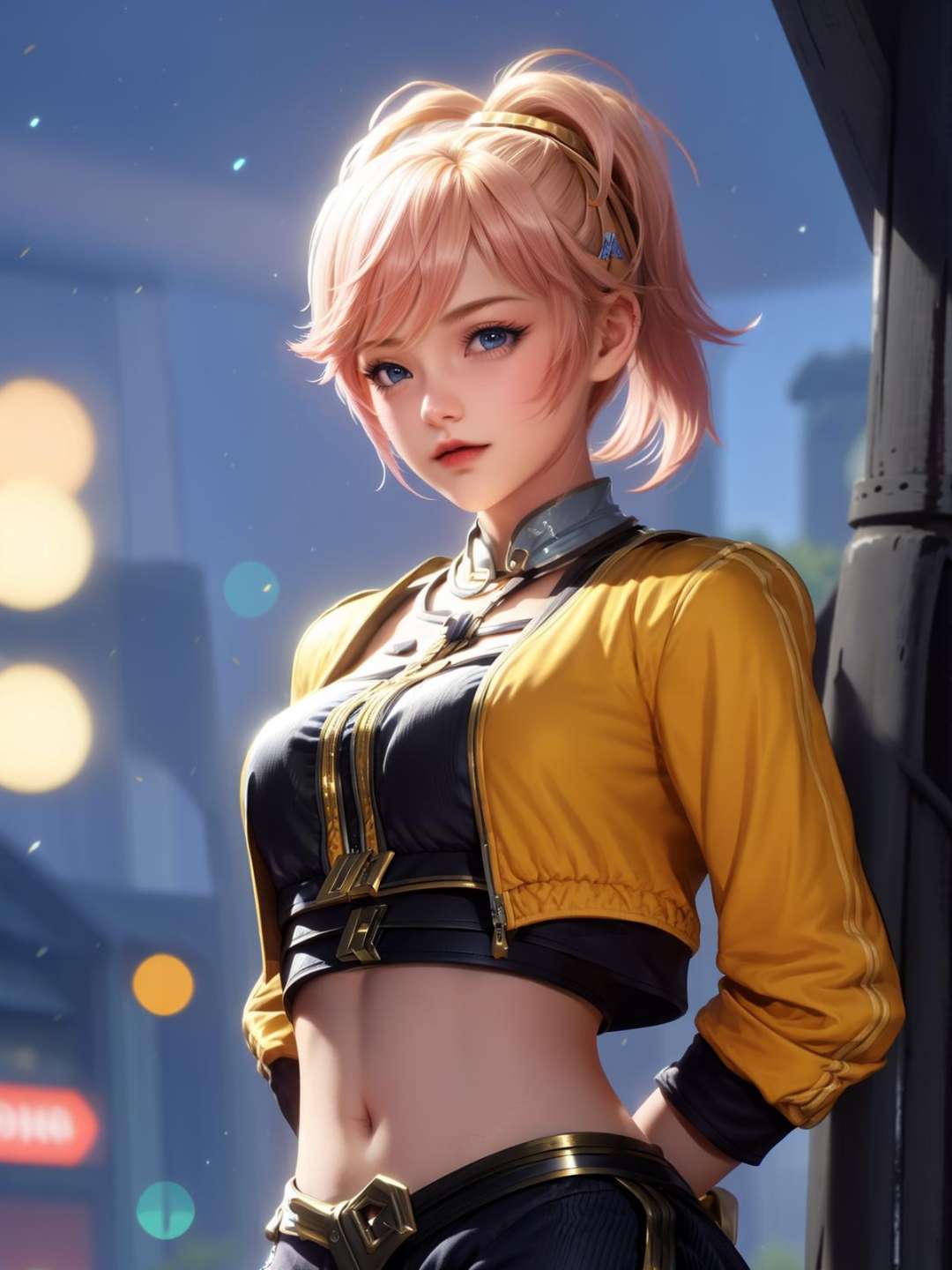 1girl, short hair, jacket, crop top, standing, cityscape, night, lake, navel, looking at viewer, mature female, bangs, arms behind back,hair ribbon,  <lora:jixiaoman_20230706134836-000018:0.75>,blonde hair, blue eyes, ponytail, 