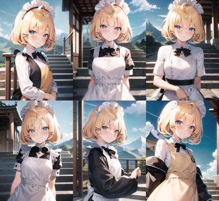 <lyco:millieparfait1-000007:1.0>, milliernd, standing, upper body, smile, blush, outdoors, day, simple background, blue sky, sky, temple, looking at viewer, stairs, mountain, moody lighting, facing viewer, maid headdress, apron, maid outfit,