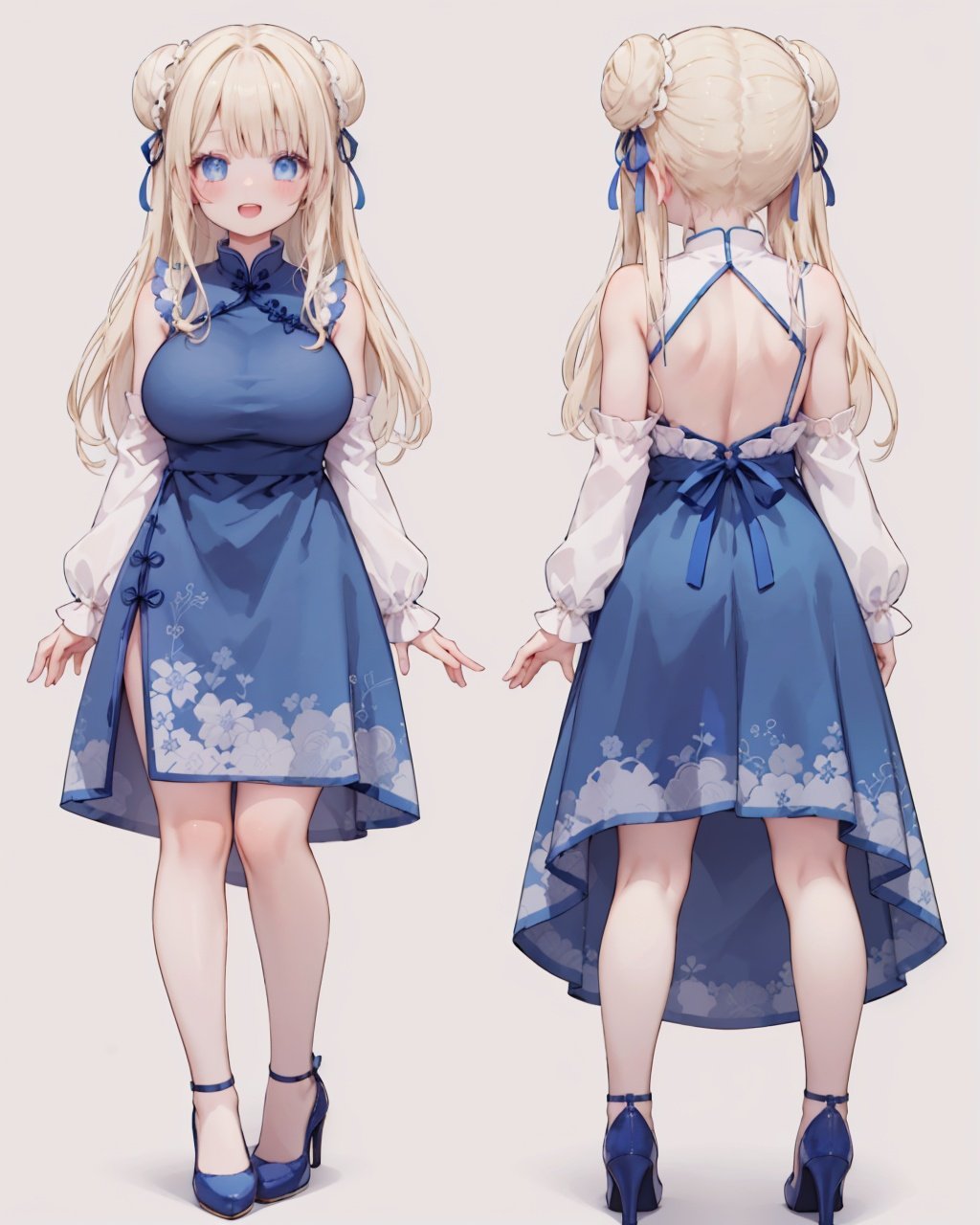 hair ribbon,buns, blonde hair, blue eyes, large breasts,long hair, bangs,looking at viewer, long sleeves, blush, stray hair,smile, open mouth, wink,Simple backgroundchina_dress, standing,full_body,arms behind back, leaning forward,bare legs,high heels