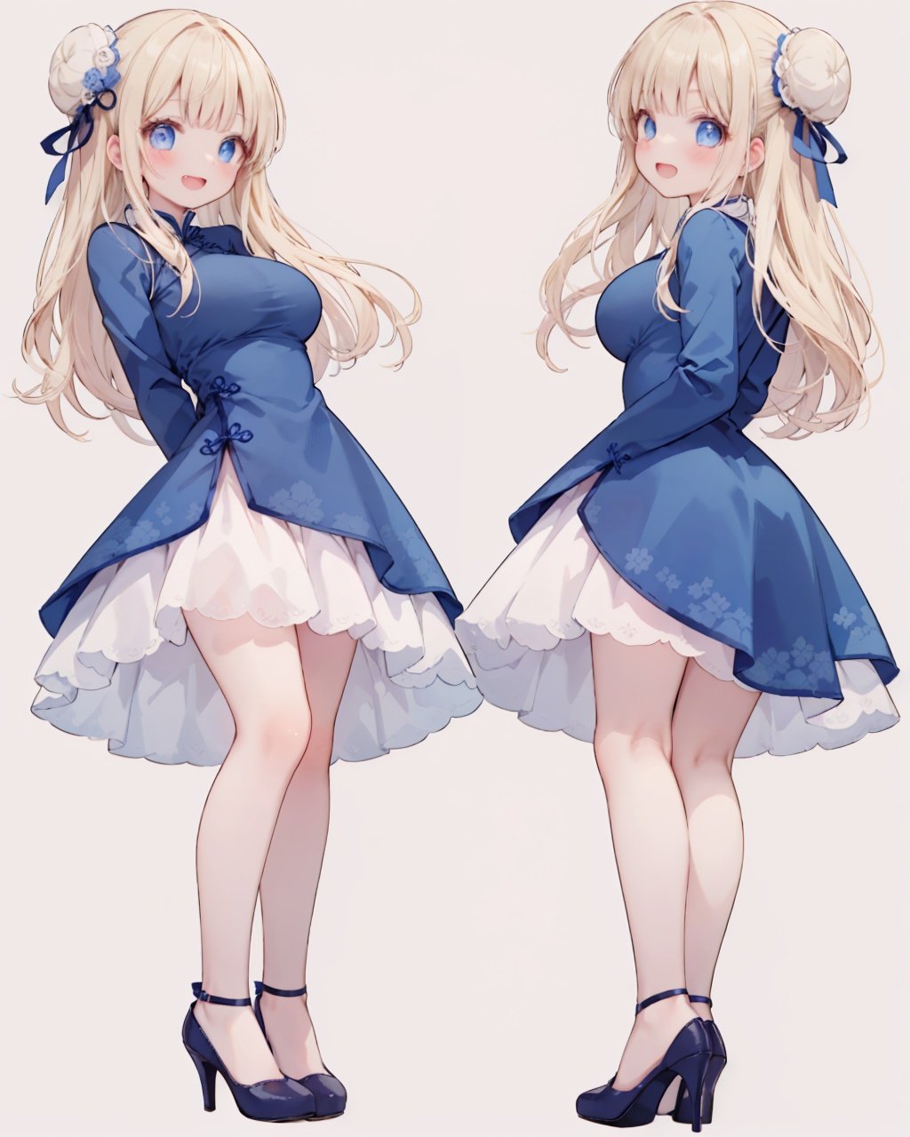 1girl,solo,hair ribbon,buns, blonde hair, blue eyes, large breasts,long hair, bangs,looking at viewer, long sleeves, blush, stray hair,smile, open mouth, wink,Simple backgroundchina_dress, standing,full_body,arms behind back, leaning forward,bare legs,high heels