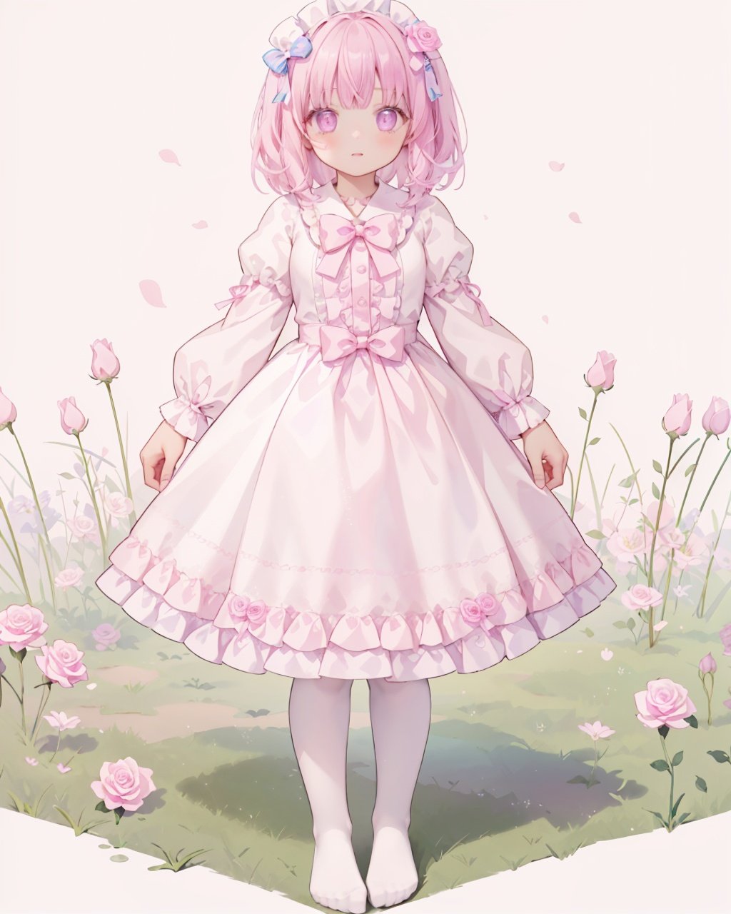 1girl, solo, dress,flower, bow, pantyhose, full body, white dress, looking at viewer,no shoes, pink flower,pink bow,long sleeves, rose, white pantyhose,holding, frills, pink rose, frilled dress, hair ornament, simple background, grass, bowtie, standing, hair bow, 