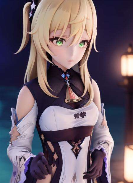 <lora:vicitest-000035:1>, 1girl, solo, fischl (genshin impact), blonde hair, gloves, green eyes, holding, looking at viewer, long sleeves, bangs, breasts, upper body, black gloves, blurry, long hair