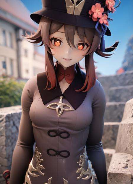 <lora:vicineko3-000005:1>, <lora:hutao1-000009:1>, hutaodef, upper body, smile, blush, outdoors, day, simple background, blue sky, short hair, sky, temple, looking at viewer, stairs, mountain, moody lighting,