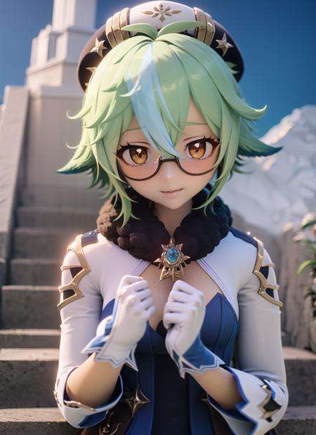 <lora:vicineko3-000005:1>, <lora:sucrose1-000009:1>, sucrosedef, upper body, smile, blush, outdoors, day, simple background, blue sky, short hair, sky, temple, looking at viewer, stairs, mountain, moody lighting,