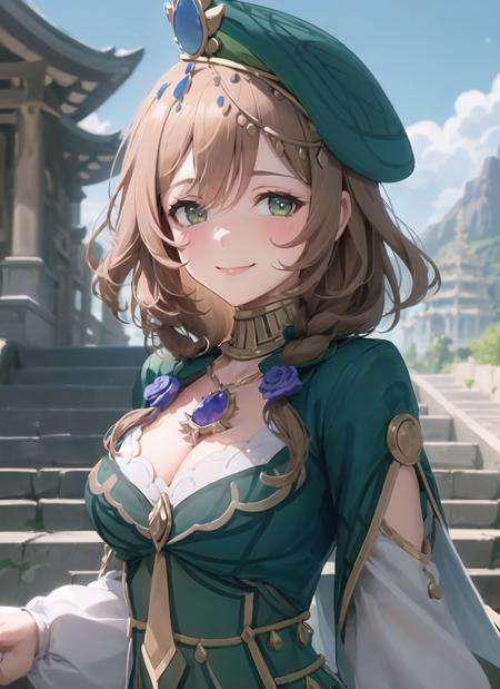 <lora:lisa1-000010:1>, lisasobriquet, upper body, smile, blush, outdoors, day, simple background, blue sky, short hair, sky, temple, looking at viewer, stairs, mountain, moody lighting, facing viewer,