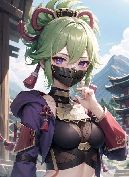 <lora:kukishinobu2-000014:1>, kukishinobudef, upper body, smile, blush, outdoors, day, simple background, blue sky, short hair, sky, temple, looking at viewer, stairs, mountain, moody lighting, facing viewer, mask