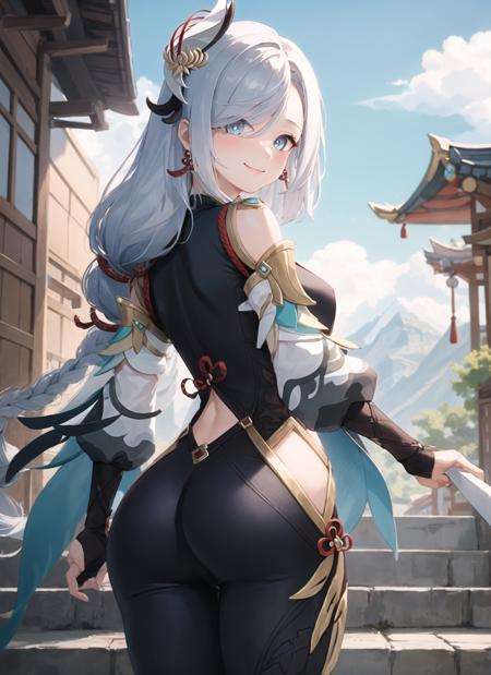 <lora:shenhe2-000010:1>, shenhedef, lower body, smile, blush, outdoors, day, simple background, blue sky, short hair, sky, temple, looking at viewer, stairs, mountain, moody lighting, ass, from behind,