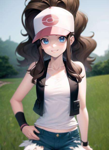 <lora:hilda1-000010:1>, def1, upper body, smile, outdoors, simple background, grass, sky, day,