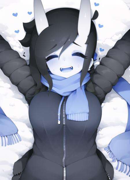 <lora:blueoni-000020:1>, solo, closed eyes, scarf, snow, blue scarf, lying, open mouth, smile, on back, fangs, jacket, teeth, facing viewer, medium breasts, blush, arms up, upper body