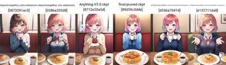 <lora:sitac-000016:1>, tang keke, love live!, hakumai konatsu, blue cardigan, blue eyes, bob cut, cardigan, coffee, coffee mug, collared shirt, cup, excited, food, food awe, fork, hands up, happy, jacket, light brown hair, long sleeves, mug, multicolored hair, napolitan, open mouth, own hands together, pasta, pink hair, plate, restaurant, school uniform, shirt, short hair, smile, sparkling eyes, steam, streaked hair, teeth, two-tone hair, upper teeth only