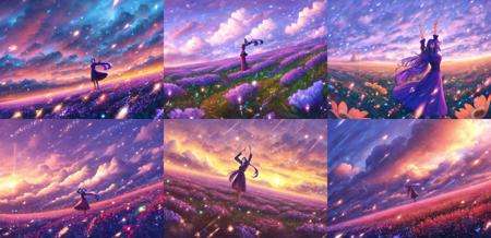 <lora:sakimori-000017:1>, unknown, original, sakimori (hououbds), 1girl, arms up, cloud, dutch angle, field, flower, flower field, lens flare, light particles, long hair, looking up, purple hair, rain, scenery, solo, sparkle, standing, very long hair