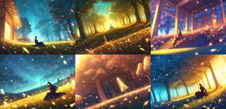 <lora:sakimori-000017:1>, unknown, original, sakimori (hououbds), 1girl, ahoge, contrast, dress, dutch angle, fantasy, glowing, grass, light particles, long hair, looking at viewer, scenery, shade, sitting, solo, texture, yellow theme