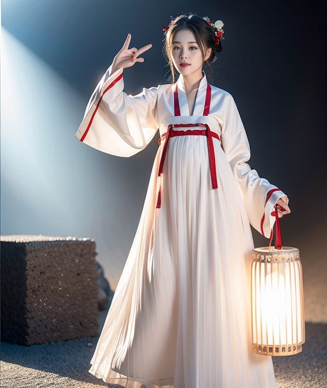 masterpiece, best quality,realistic, fire background, 1girl, hanfu,tang style outfits, white short coat, red chest pleated skirt, white waistband