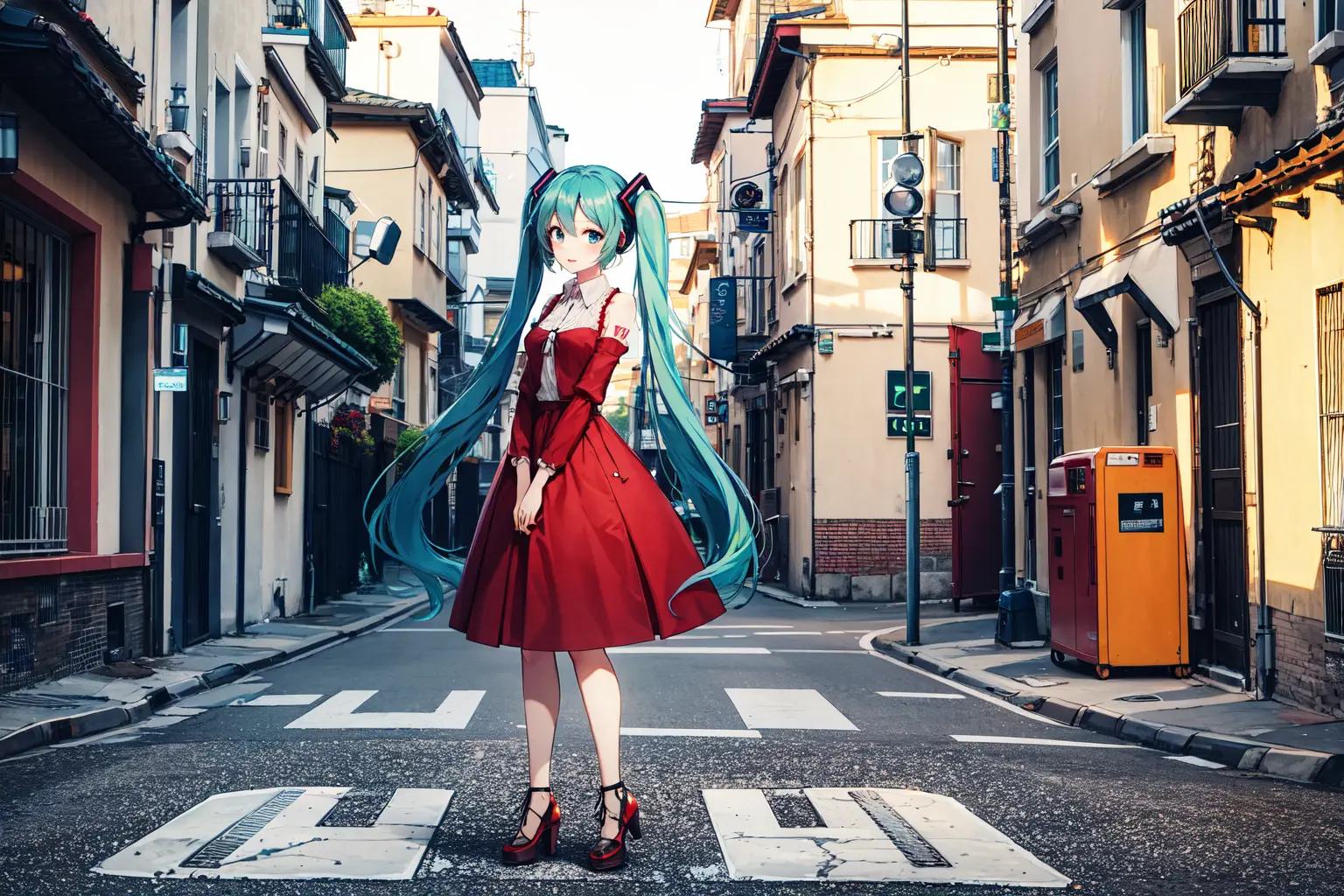 absurdres, highres, best quality, 1girl,  full body, standing, red dress, outdoors, city, street, facing viewer, hatsune miku, 