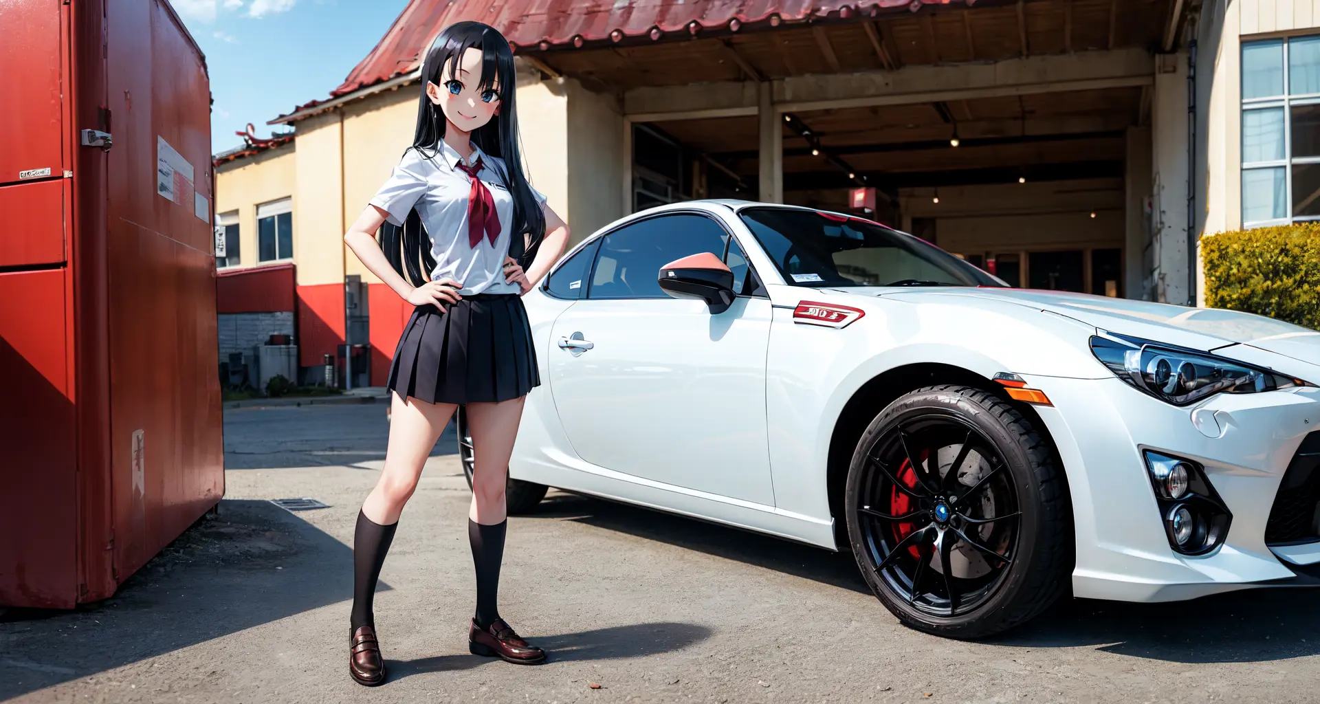 absurdres, highres, best quality, 1girl, motor vehicle, nagatoro hayase, school uniform, smile, black hair, long hair, toyota gt86, hands on hips,