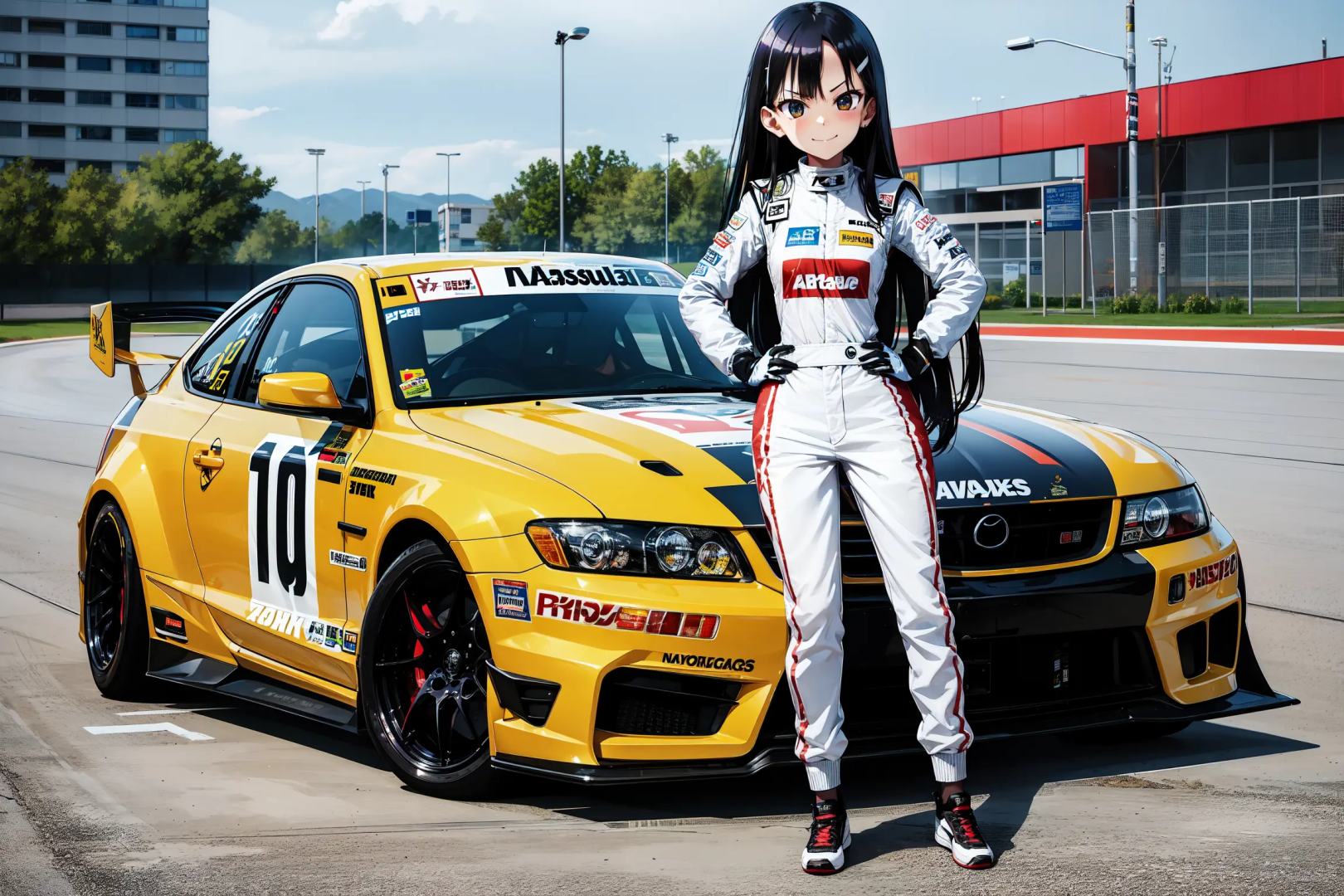 absurdres, highres, best quality, racecar, 1girl, helmet, hands on hips, thumbs up, leaning forward, standing, full body, parking lot, nagatoro hayase, smug, bodysuit, 