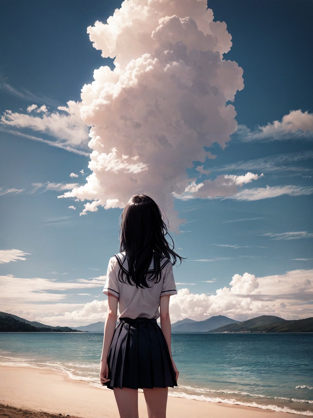 1girl, solo, sky, outdoors, skirt, cloud, day, shirt, black hair, mountain, white shirt, ocean, scenery, long hair, short sleeves, blue sky, school uniform, water, from behind, mountainous horizon, black skirt, pleated skirt, horizon, facing away