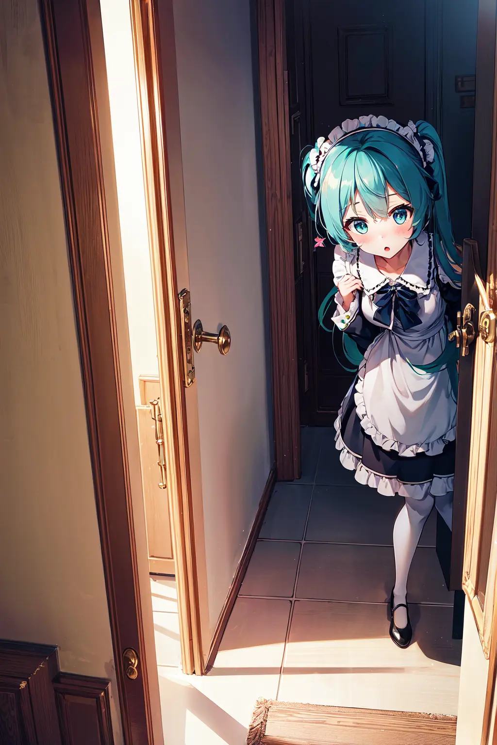 absurdres, highres, best quality, 1girl, scenery, landscape, hatsune miku, castle, maid, full body, indoors, (pov doorway:1.5), (peeking out:1.5), shy, hiding, blush, 