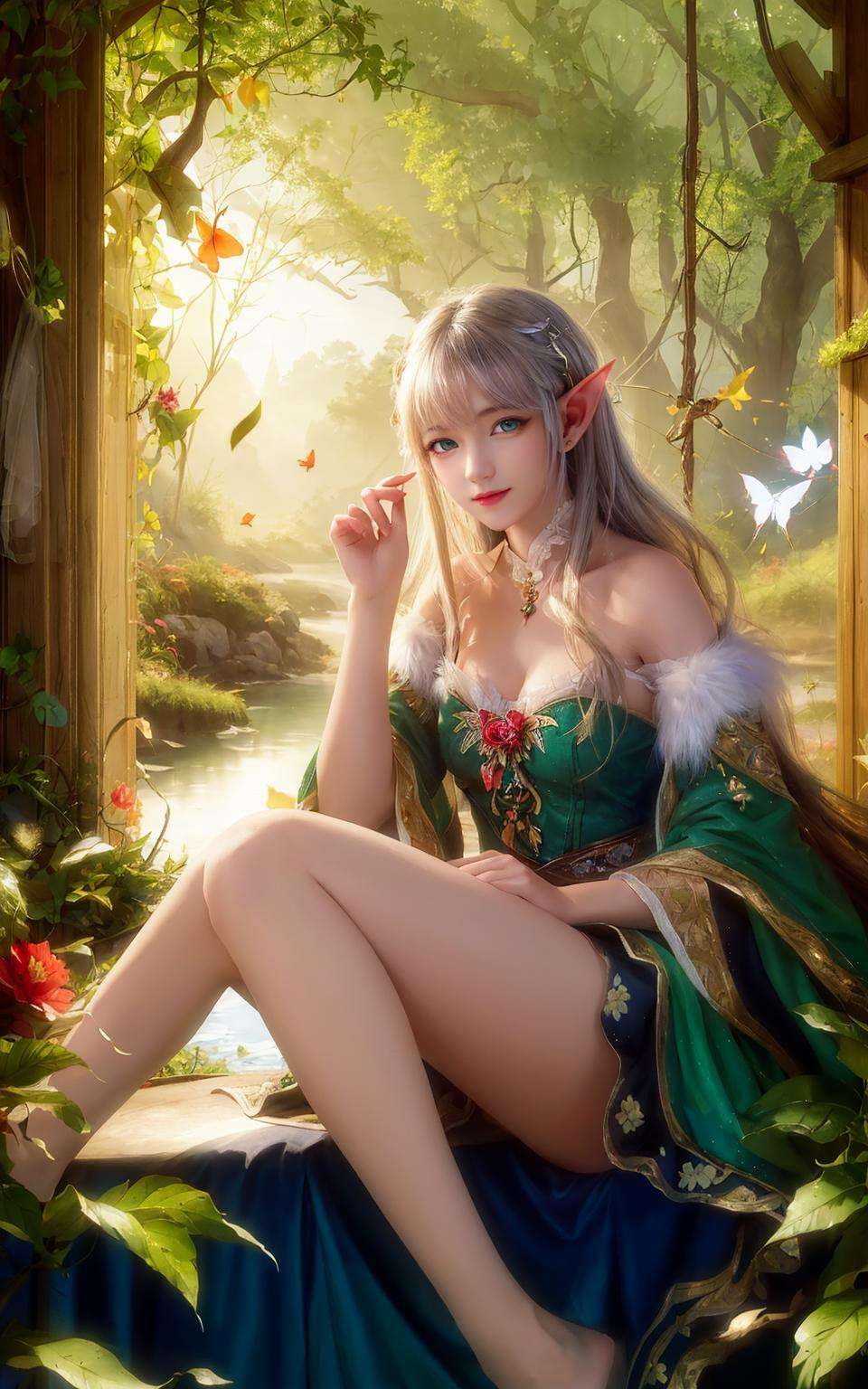 (((masterpiece))), (((best quality))), ((ultra-detailed)), (illustration), ((an extremely delicate and beautiful)),dynamic angle,floating, (beautiful detailed eyes), (detailed light) 1girl, pointy ears, long hair, water, solo, elf, sitting,half body, white hair, chain, green eyes, toeless legwear, barefoot, jewelry, looking at viewer,feather, leaves, nature, (sunlight), river, (forest),(painting),(sketch),(bloom),(portrait:1.2),(butterflys:1.2), (tyndall effect),