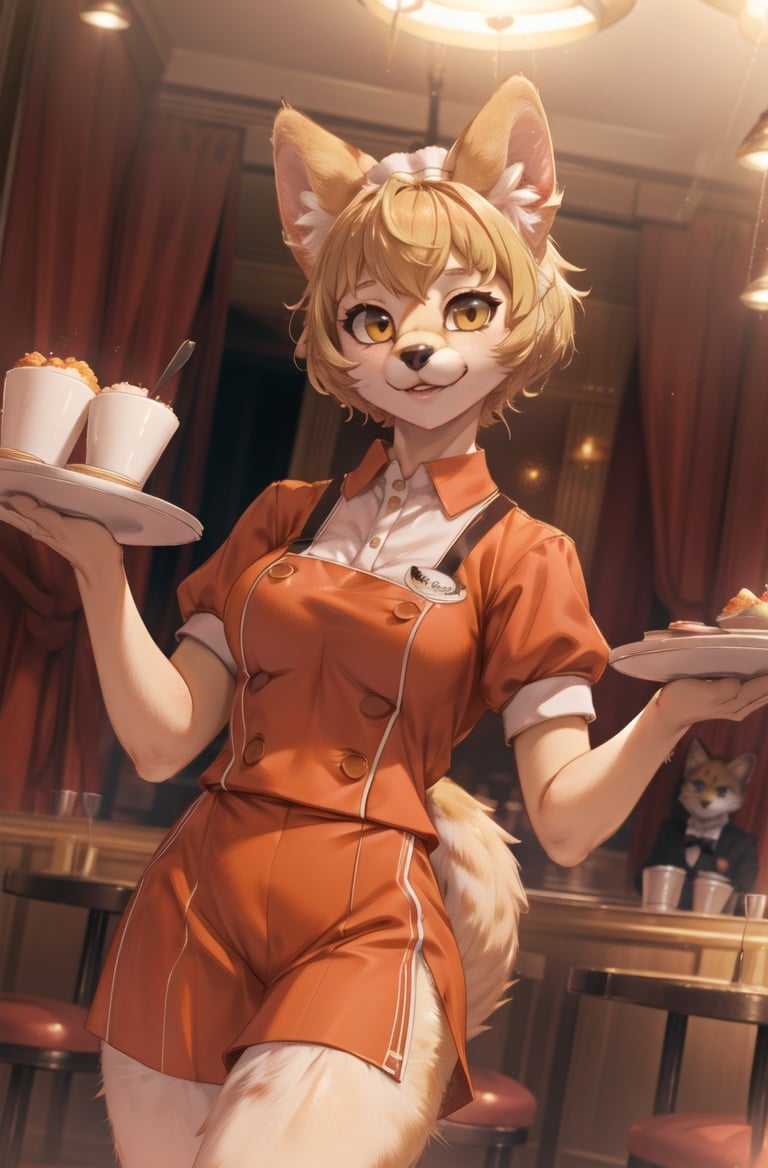 masterpiece, best quality,hdr,8k,1girl,furry female,persona dancing, solo,(high detail fur:1.2),cinema angle,8K,game CGperfect lighting,servalcat,(waiter orange uniform:1.1),looking at viewer,blonde<lora:servalcat:0.7>  <lora:add_detail:0.35> <lora:EnvyBeautyMix37:0.5>