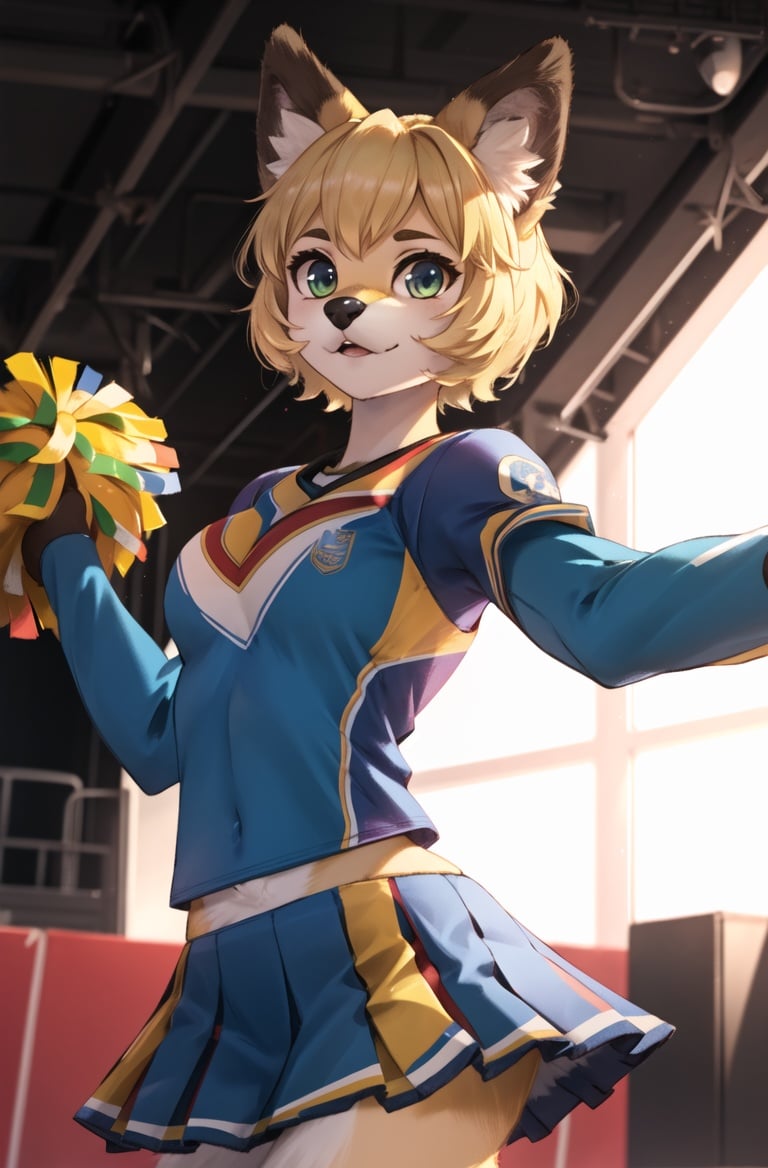 masterpiece, best quality,hdr,8k,1girl,furry female,persona dancing, solo,(high detail fur:1.2),cinema angle,8K,game CG,after performperfect lighting,servalcat,Cheerleading uniform,looking at viewer,blonde<lora:servalcat:0.7> <lora:pokemon_v3_offset:0.5>