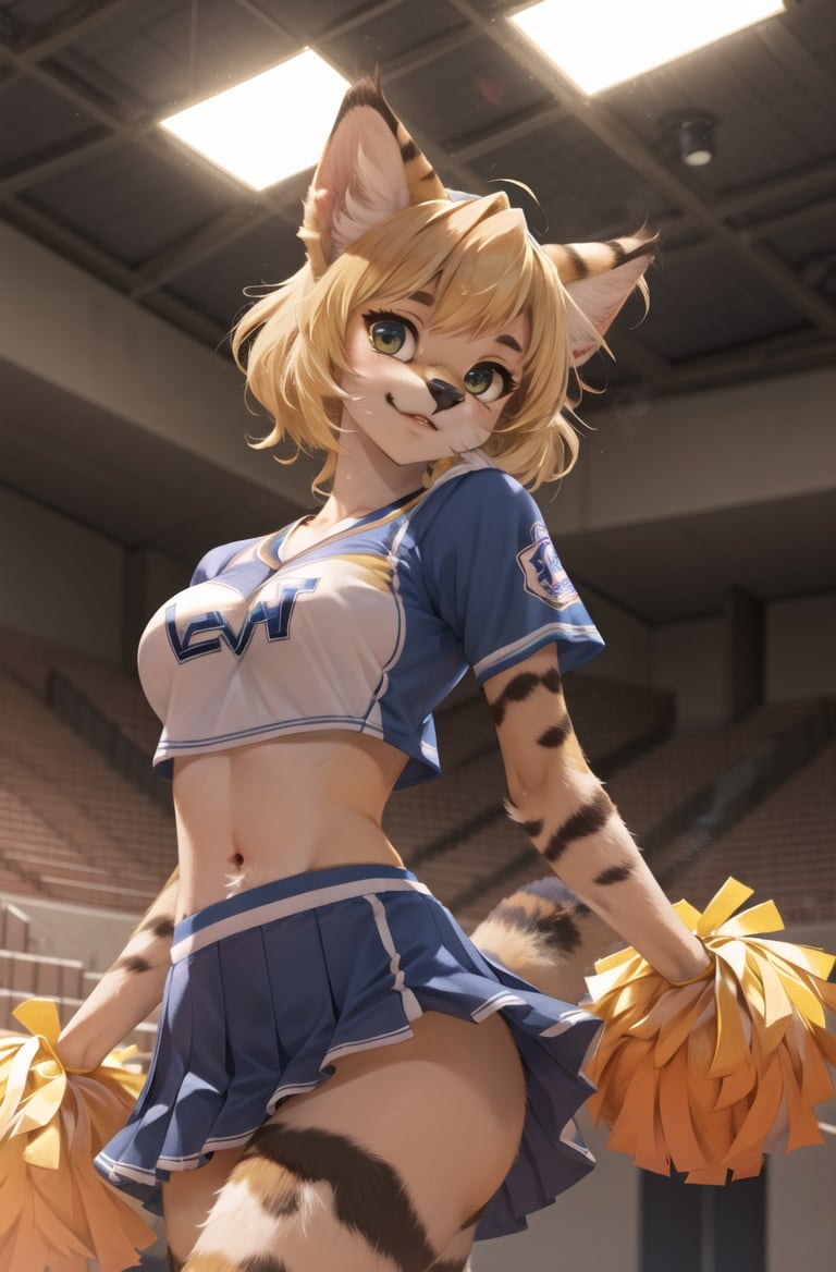 masterpiece, best quality,hdr,8k,1girl,furry femalesolo,(high detail fur:1.2),cinema angle,8K,game CG,after performperfect lighting,servalcat,Cheerleading uniform,looking at viewer,blonde<lora:servalcat:0.7> <lora:Backrooms:0.5>