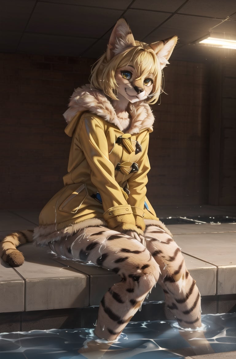 masterpiece, best quality,hdr,8k,1girl,furry female,perfect light,sitting in water(pool backroom:1.1),solo,(high detail fur:1.2),cinema angle,8K,game CGperfect lighting,servalcat,(yellow coat:1.1),looking at viewer,blonde<lora:servalcat:0.7>  <lora:add_detail:0.35>   <lora:Backrooms:0.6>