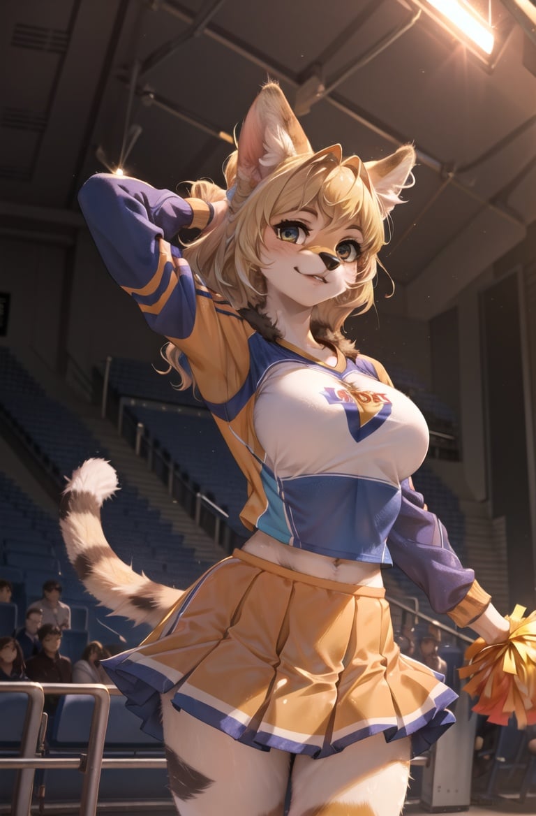 masterpiece, best quality,hdr,8k,1girl,furry femalesolo,(high detail fur:1.2),cinema angle,8K,game CG,after performperfect lighting,servalcat,Cheerleading uniform,looking at viewer,blonde<lora:servalcat:0.7>  <lora:kenkelly:0.5>