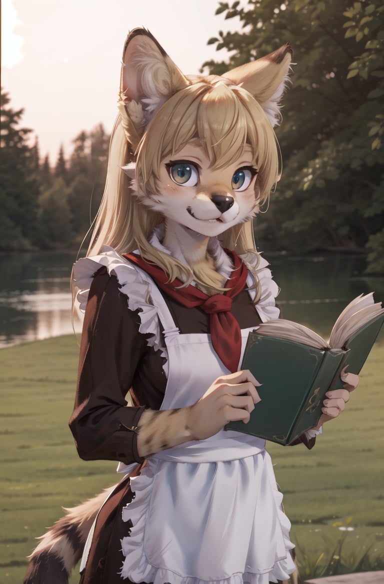 solo,masterpiece, 8k,best quality ,furry girl,8k,hdr,hires,high detail fur,outdoors,servalcat,holding_bookperfect anatomy,blonde,long hair,look at looking at viewer,(white apron:1.1),red neckchief<hypernet:furry_kemono:0.3> <lora:servalcat:0.7> <lora:sovietForm:0.5>