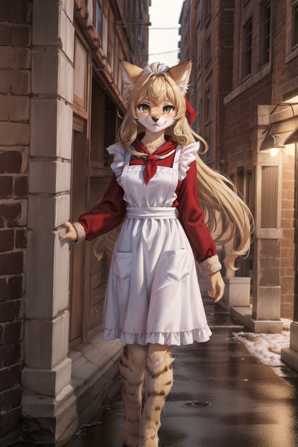 solo,masterpiece, 8k,best quality ,furry girl,8k,hdr,hires,high detail furoutdoors,building,square,winter,red flag,servalcatperfect anatomy,blonde,long hair,look at looking at viewer,(white apron:1.1),red neckchief <lora:servalcat:0.7> <lora:sovietForm:0.5> <lora:add_detail:0.5>