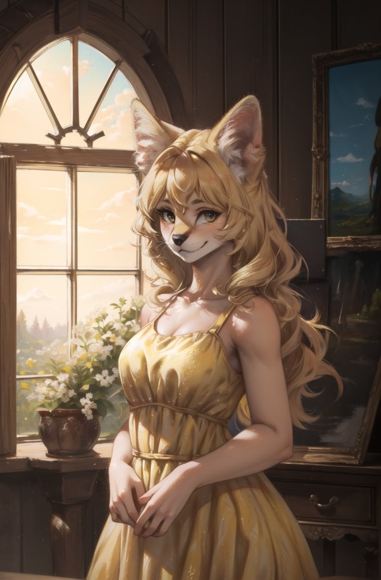 masterpiece, furry girl,8k,hdr,hires,high detail,perfect lighting,cowboy shot,cloud(indoors:1.2),sunlight,servalcat,rim light,solo,perfect anatomy,blonde,(yellow dress:1.3) ,look at looking at viewer,oil painting,traditional media,long wave hair<lora:servalcat:0.7> 