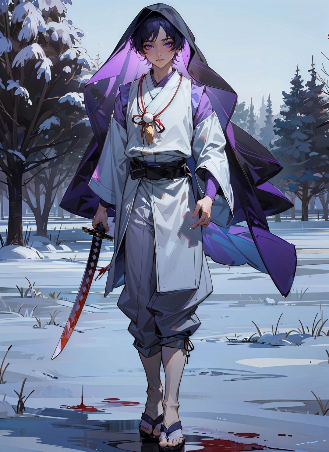 masterpiece, best quality, extremely detailed, 3d face, realistic, lustrous skin, (1boy, solo), <lora:Kunikuzushi:0.7>, Scaramouche, (holding sword), bloody sword, standing, blood on snow, night, snow, purple hair, short hair, male focus,  long sleeves, full body, purple eyes, outdoors, japanese clothes, belt, wide sleeves, necklace, tree, black bow, veil, pom pom,  purple bow, purple shirt, grey pants, white vest, purple belt, veil, white pants, sandals