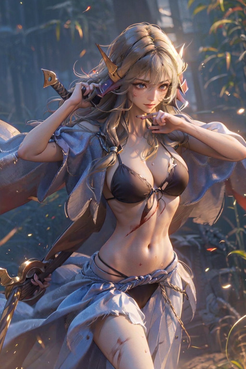 (masterpiece:1.2), best quality,game cg,Elaina,1girl, weapon, sword, long hair, solo, helmet, holding, navel, outdoors, breasts, holding weapon, holding sword, long skirt, skirt, torn clothes, medium breasts, bikini, midriff, swimsuit, day, blurry, blood, white hair, standing <lora:girl Isshin_20230707235718-000012:1>