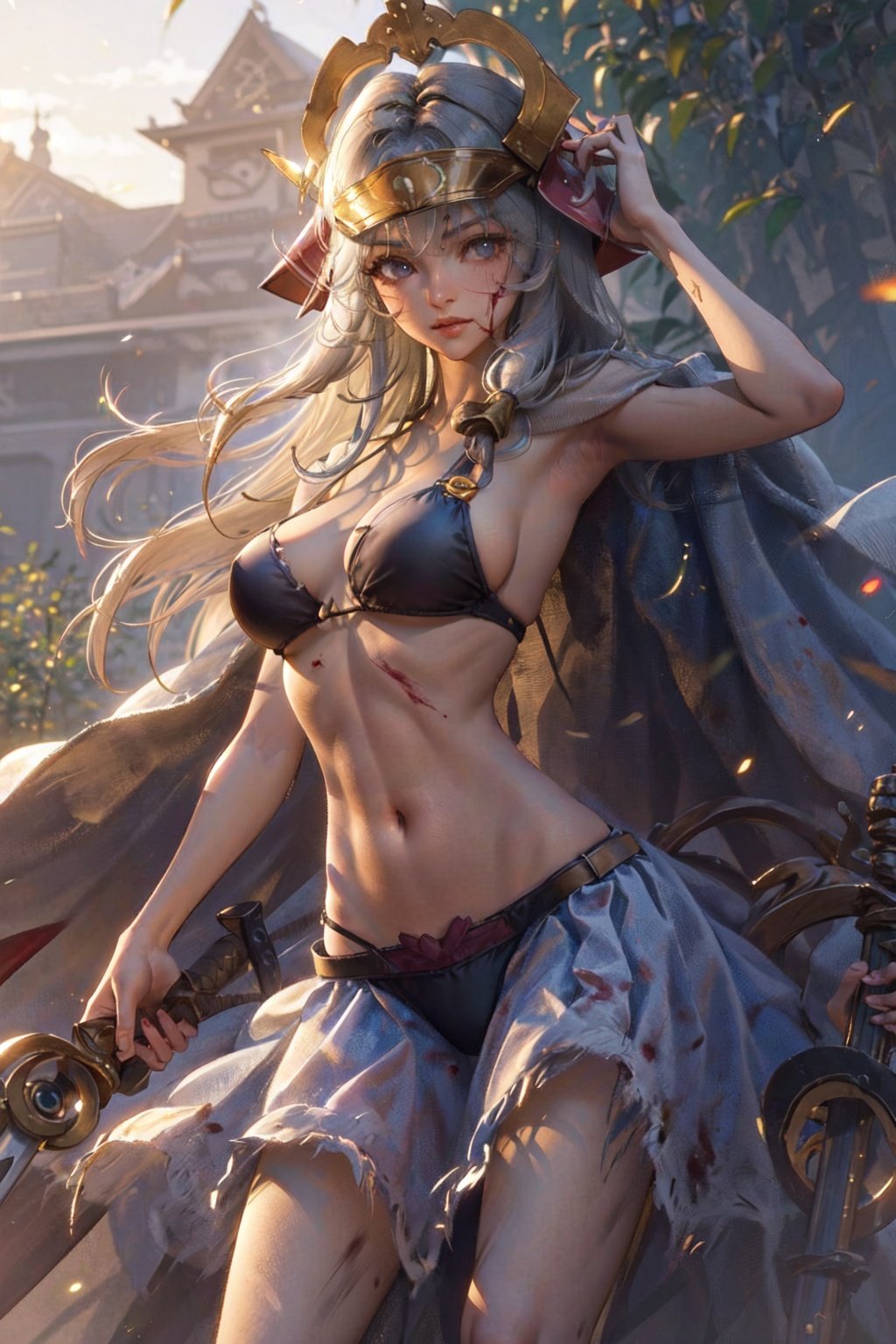 (masterpiece:1.2), best quality,game cg,Elaina,1girl, weapon, sword, long hair, solo, helmet, holding, navel, outdoors, breasts, holding weapon, holding sword, long skirt, skirt, torn clothes, medium breasts, bikini, midriff, swimsuit, day, blurry, blood, white hair, standing <lora:girl Isshin_20230707235718-000012:0.9>