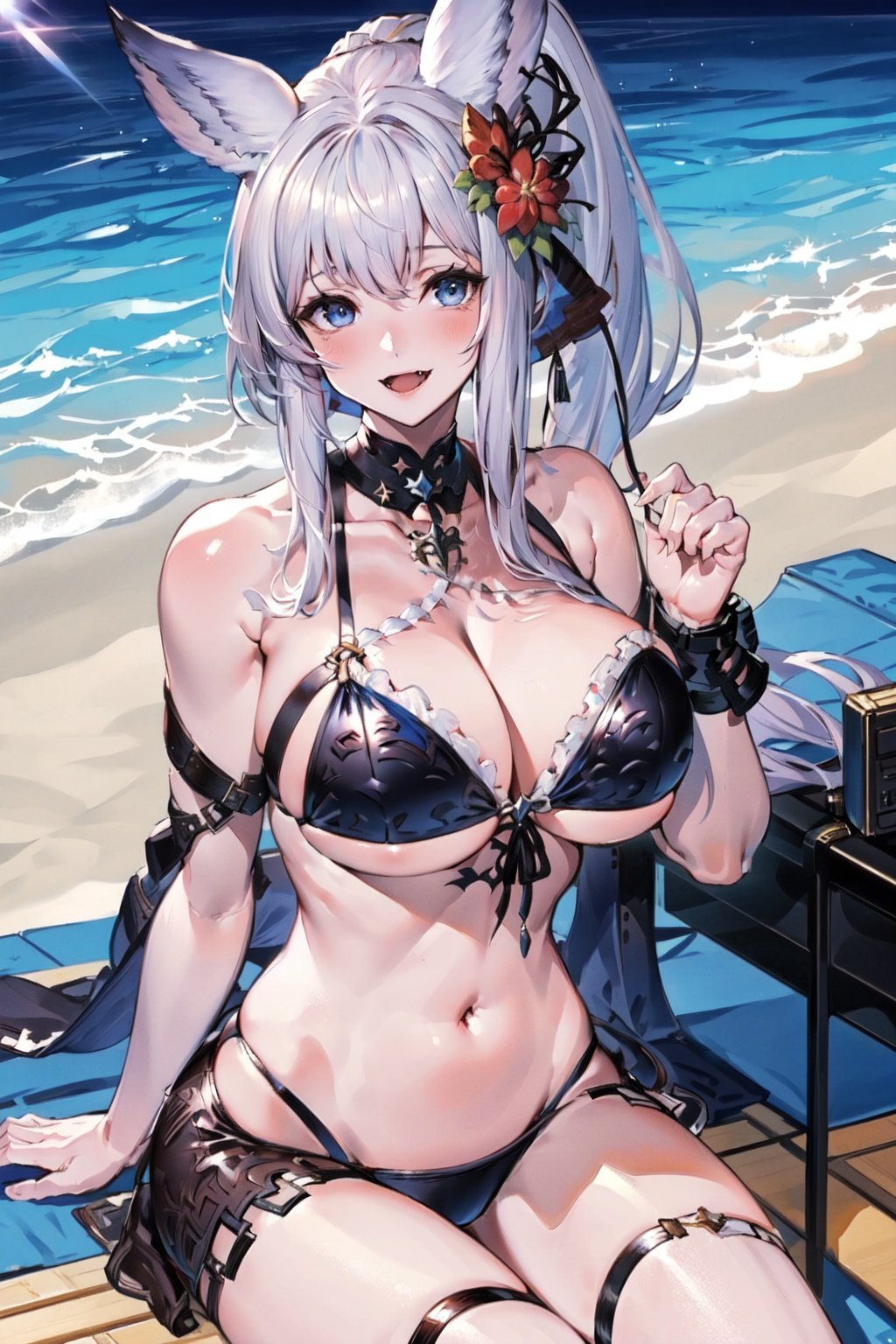 (masterpiece:1.2), best quality,pixiv, soft,multiple girls, 2girls, breasts, animal ears, tail, yuel (granblue fantasy), hair ornament, swimsuit, long hair, bikini, blue eyes, large breasts, smile, looking at viewer, erune, cleavage, fox shadow puppet, hair flower, flower, fox ears, red eyes, open mouth, fox tail, black bikini, bangs, black hair, outdoors, bell, sitting, blush, fang, bare shoulders, navel, hair bell, white bikini, day, ponytail, white hair, beach, jingle bell, closed mouth, ocean <lora:soft_20230707135603-000018:1>