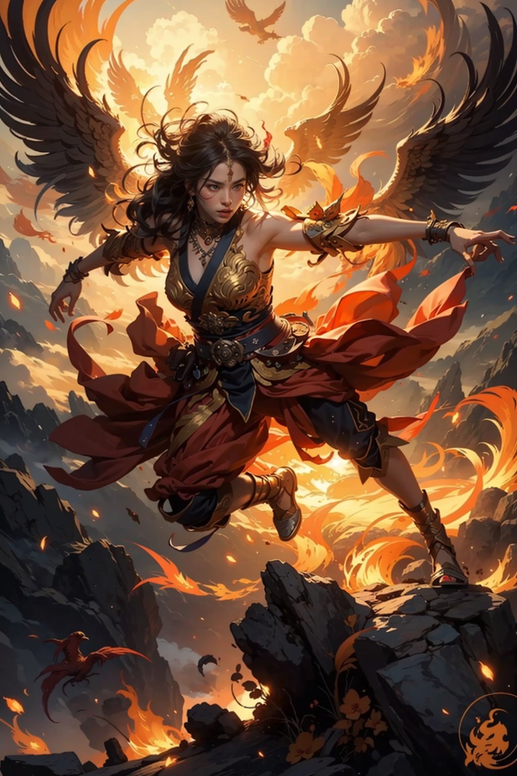 Fisheye lens,（From above:1.2）, A 16-year-old girl and a huge phoenix flying into the sky,Vermilion bird
,full body, an epic ink painting of an ancient country, rebirth from Nirvana, martial arts style, dynamic expressiveness, clean lines, cinematic, shocking, realistic light and shadow, lifelike, full of vitality, wide field of vision, golden section, 8k Octane Rendering, Unreal Engine, Highly Detailed, Concept Art Realistic, Symmetrical Composition, Ultra HD,phoenix