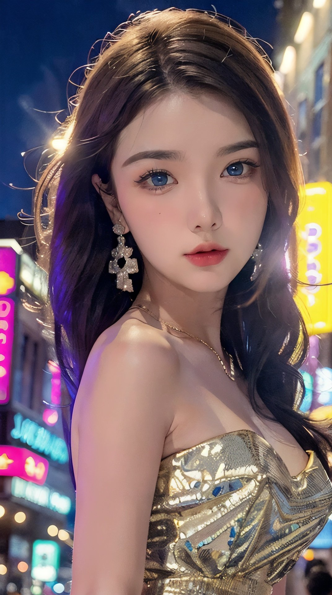 1girl,solo,Real skin,gold hair,portrait,earrings,jewelry,looking at viewer,realistic,blue eyes,long hair,shy,((blush)),cowboy shot,Shopping Street,(Night),((neon trim)),neon lights,complete with a full skirt and petticoat,and neon signs. Her eyes should be sparkling with excitement,her skin flawless and glowing under the soft,dramatic lighting. This scene should be captured on 35mm film,with a beautiful depth of field and a slightly blurry,nostalgic background. film portrait photography,35mm film,filmg,<lora:Asianface_v1.0:0.7>,(princess dress),(bling:1.1),gorgeous dress,Real skin,Exquisite and gorgeous gemstone inlaid dress,Shoulder,dynamic pose,