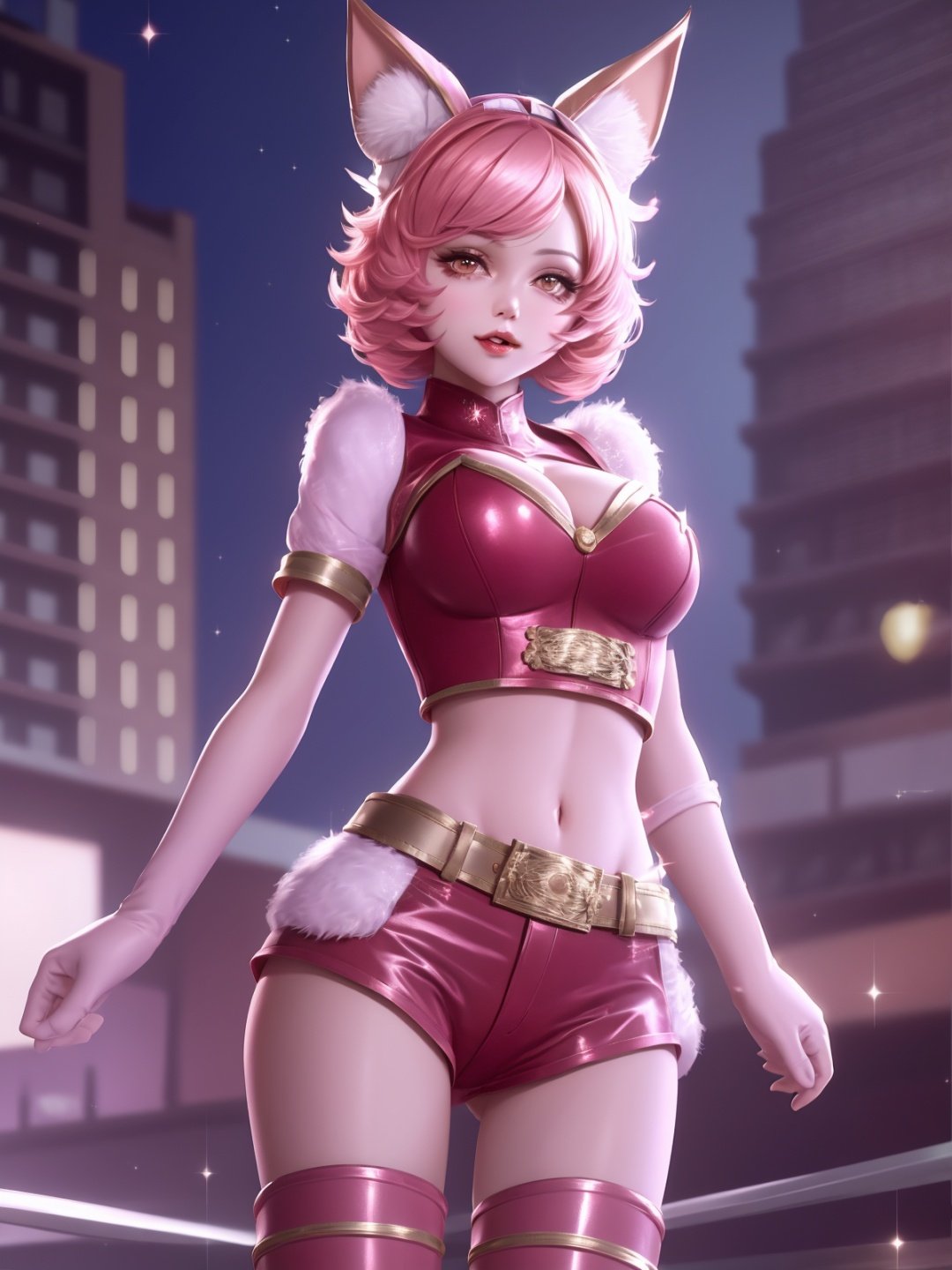 (hat:1.2),red bustier,navel,thighhighs,cleavage,standing,cityscape,night,1girl,animal ears,short hair,shorts,arms behind back,belt,looking at viewer,pink hair,sparkle,short sleeves,latex,   <lora:DajiWeijiasi_20230709011507-000008:0.75>