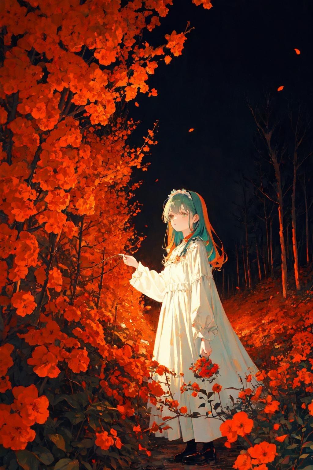 Polychrome, limited palette, colorful, scenery, 1girl, forest, night, red flowers,, detailed background, masterpiece, best quality,