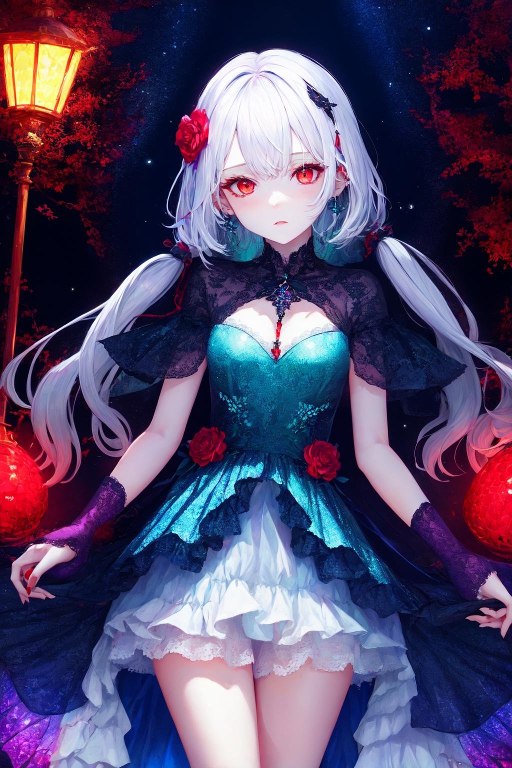 Polychrome, 1girl, fish scale dress, refraction, night, dark, white hair, red eyes,